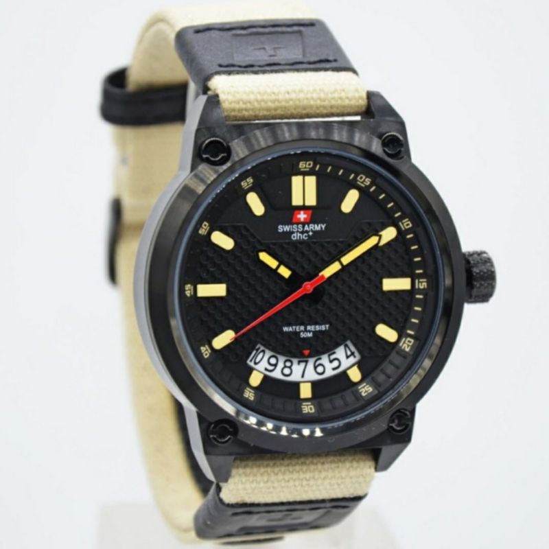 Jam Tangan Swiss Original Tali Kanvas - Jam Tangan Pria Original Tali Kanvas - Hutam Tali Kream