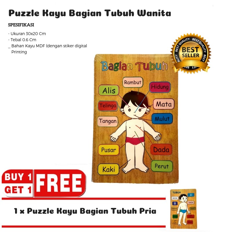 Mainan Kayu Pintar Buy 1 Get 1 Puzzle Kayu Bagian Tubuh Wanita (Free Puzzle Kayu Bagian Tubuh Pria)