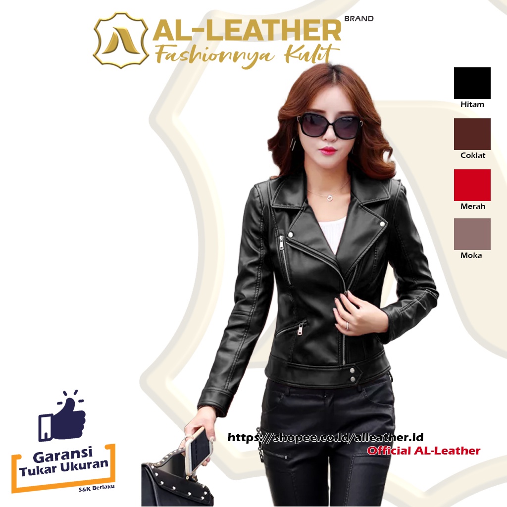 AL-Leather Premium Jaket Kulit Wanita Crop Jesica Elegant Hitam Coklat Moka Merah M L XL XXL 3XL-Hitam