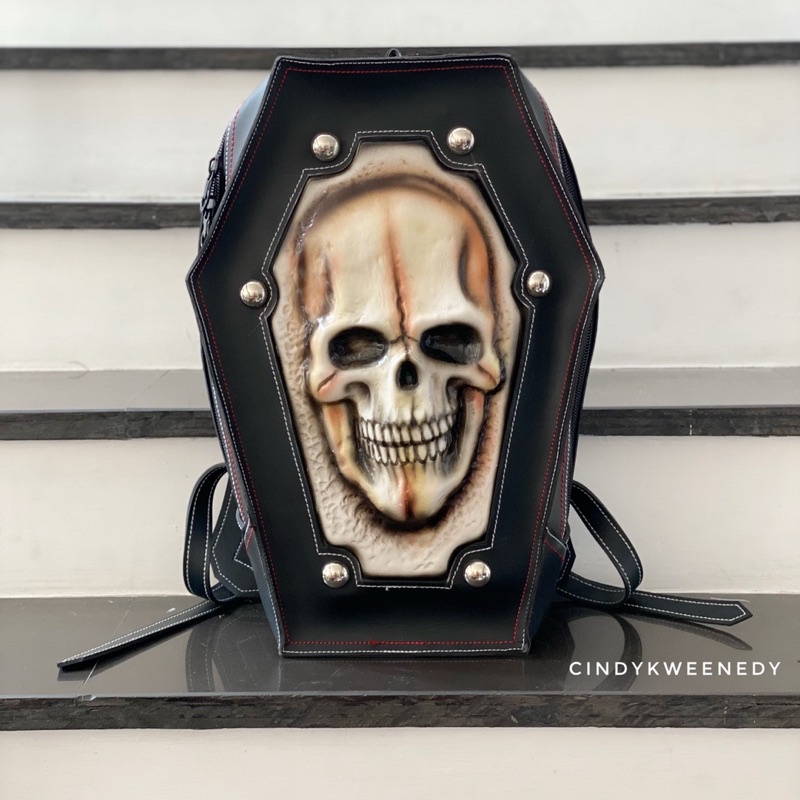 tas ransel backpack tas laptop kuliah/ sekolah/ kerja 3D motif tengkorak wajah coklat kulit sintetis
