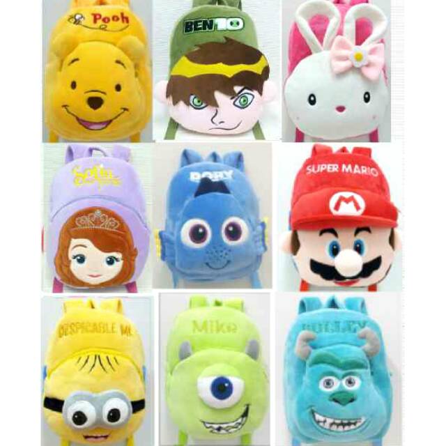 Ransel boneka TK pooh ben ten rabbit sofia ikan dori mario minion mike wazowski sulivan sekolah