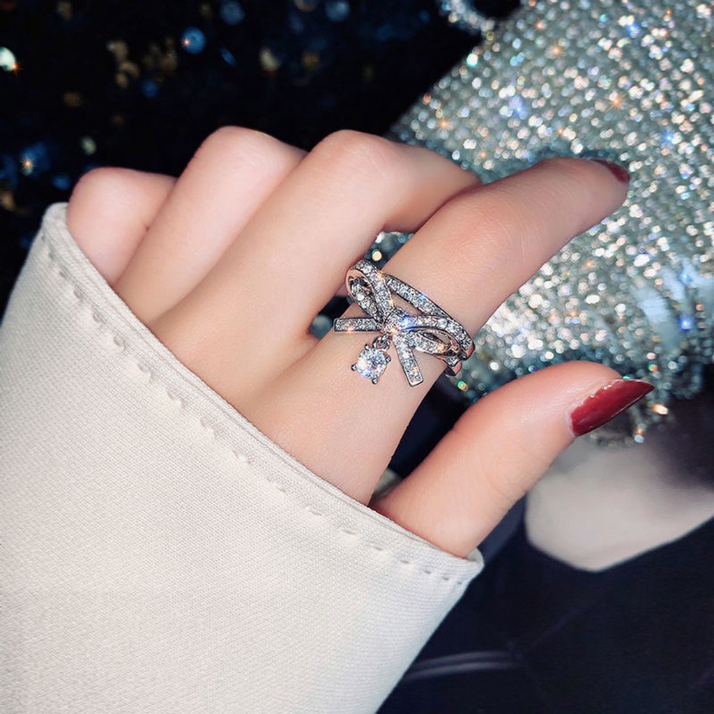 Hu Hu Hu Hu Hu Alat Bantu Pasang Kacamata♡ Cincin Model Terbuka Bahan Alloy Desain Pita Hias Cubic Zirconiaberlian Imitasi Gaya Mewah Untuk Valentine