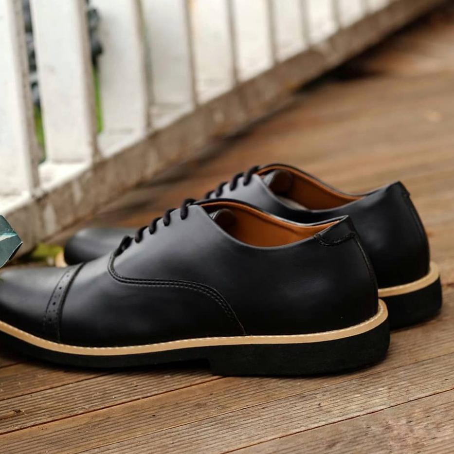 OXFORD BLACK List Putih | FOOTSTEP FOOTWEAR | Sepatu Kulit Oxford Hitam Formal Klasik Pria/Cowok Ori