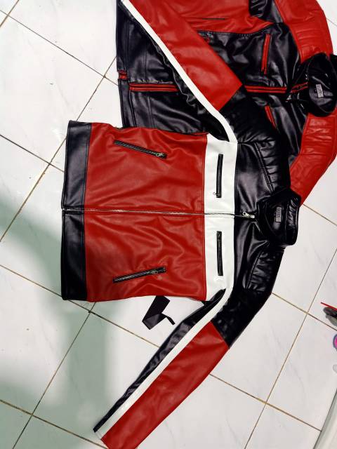 jaket kulit pria motor atau jaket cowok kulit sintetis kombinasi merah hitam premium