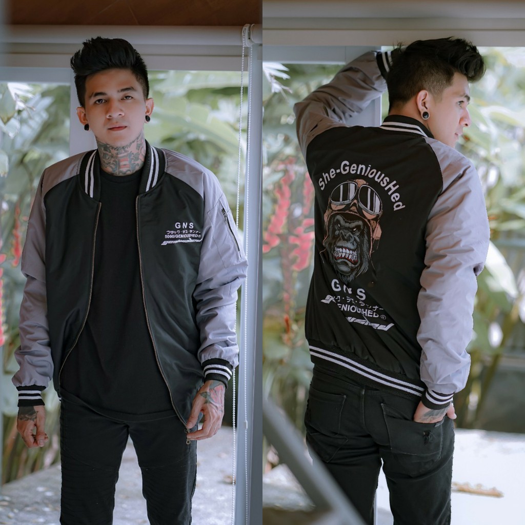 JAKET PRIA - JAKET BOMBER PRIA - JAKET VARSITY - JAKET SALVIO HEXIA-GNUS GORILA HITAM