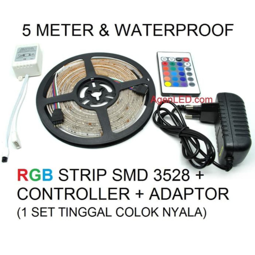 Paket Lengkap LAMPU LED STRIP 3528 - Panjang 5 Meter - IP44LED + Remote + Adaptor 12v + Modul Set