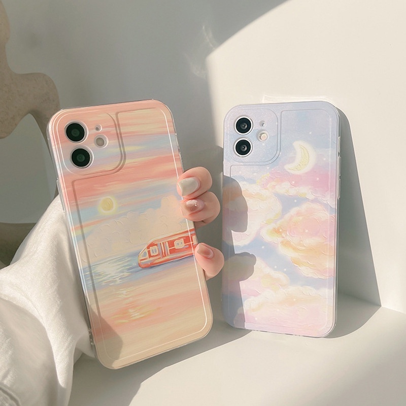 Gradient Sunset Train Sky Oil Painting Pattern Casing For iPhone 13 Pro Max iPhone 12 Pro iPhone11 6S 7 8 Plus X Xr Xs Max Soft Silicone Phone Case Cover R&amp;J