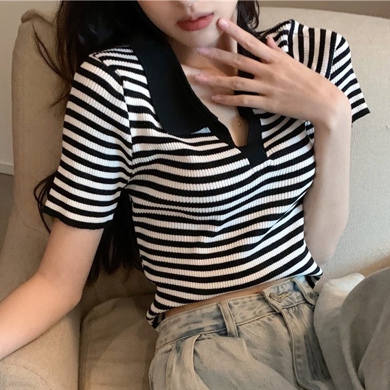 【Elegant】Vintagec Polo-neck Striped Short Sleeve Knitted T-shirts 7384