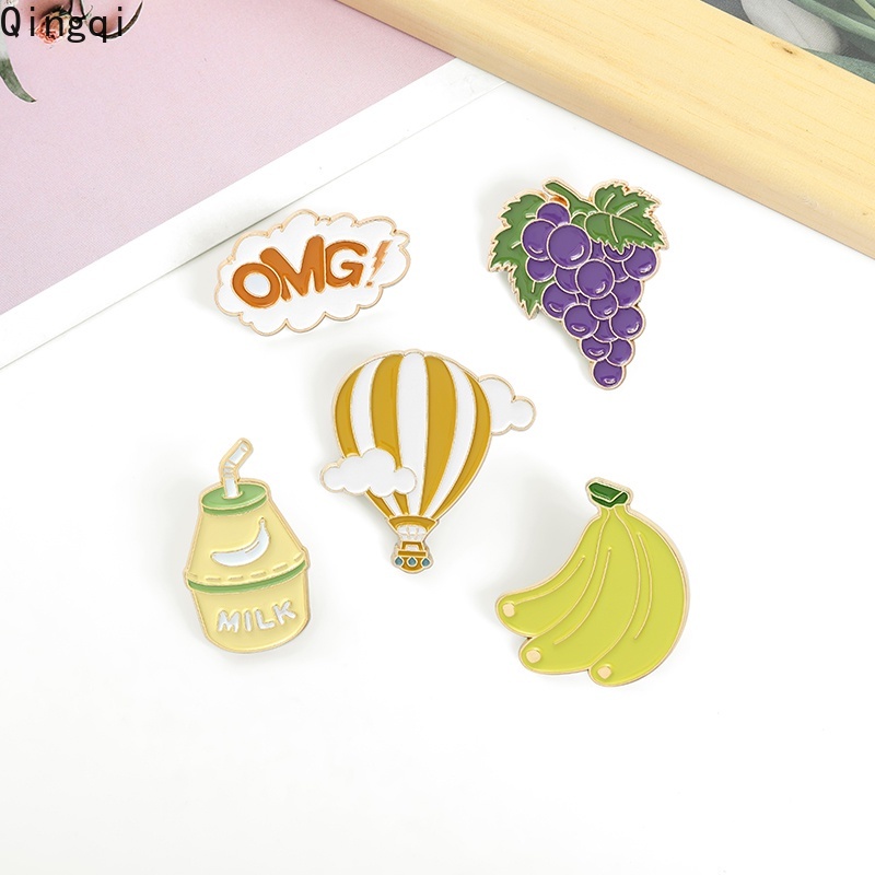 Bros Pin Enamel Desain Kartun Makanan Penutup OMG Anggur Pisang Susu Balon Untuk Tas Pakaian Anak