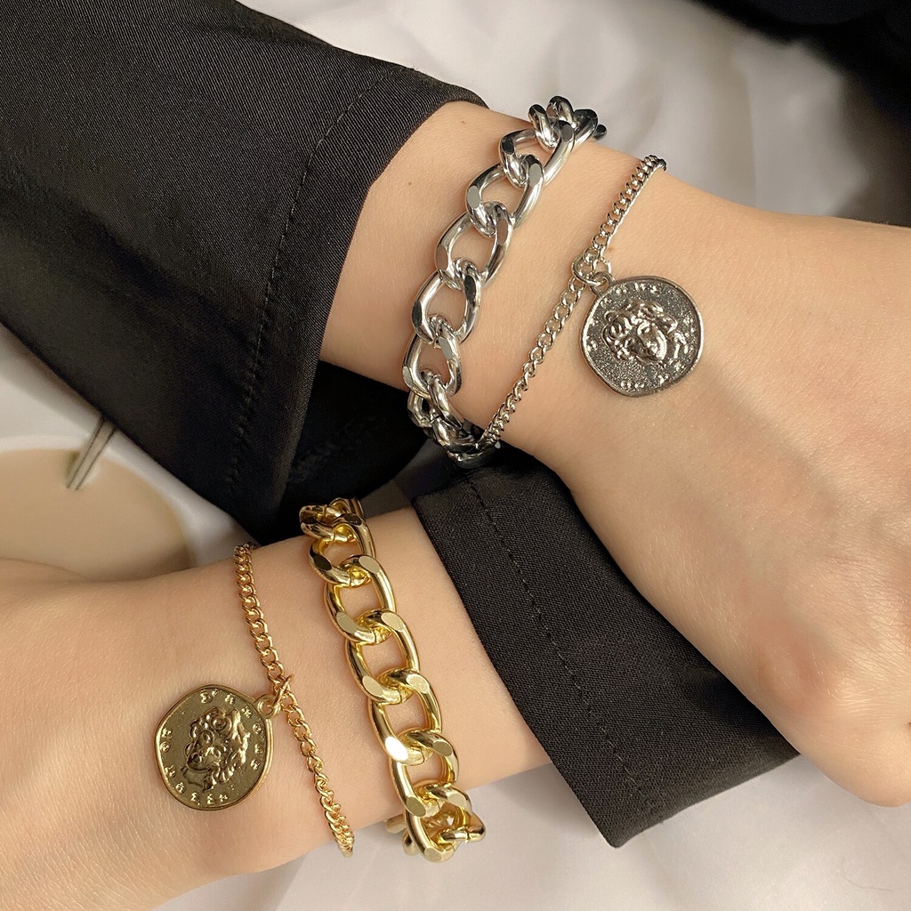 Punk Bracelets Carved Coin Head Bracelet Bangle Bohemian Circle Thick Chain Tassel Pendant Bracelet Women Jewelry