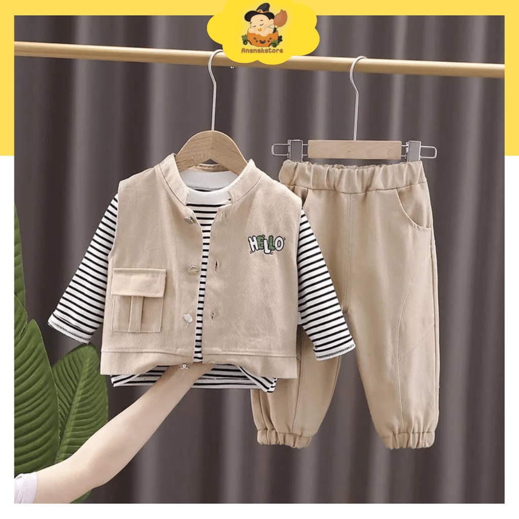 [COD] setelan anak keren import / setelan premium motif 3in1 HELLO CREAM ROMPI /AnanakStore