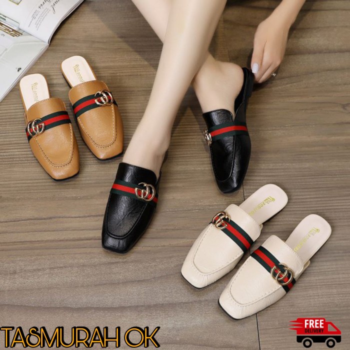 Sepatu Mules Gucci Wanita Slip On Flat Shoes Cewek Empuk Selop Import