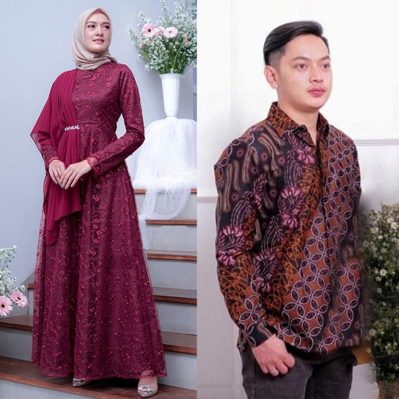 BATIK OFFICIAL SOLO Batik Couple Rayya Tulle mutiara kombinasi ceruty payet &amp; kemeja batik