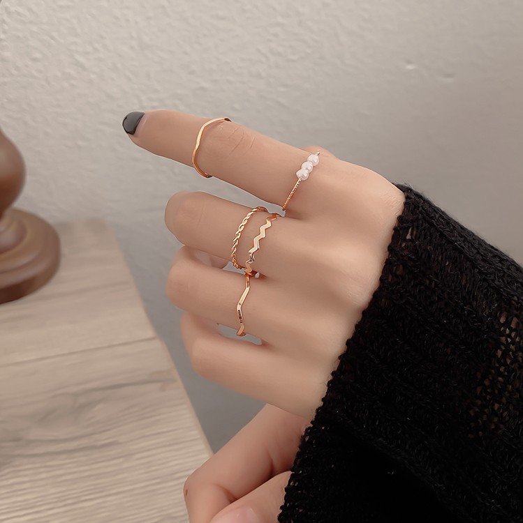 Korean INS Fashion Metal Hollow Adjustable Punk Opening Rings Set/Hip-hop Rock Silver Alloy Pearl Ring Jewelry Gifts