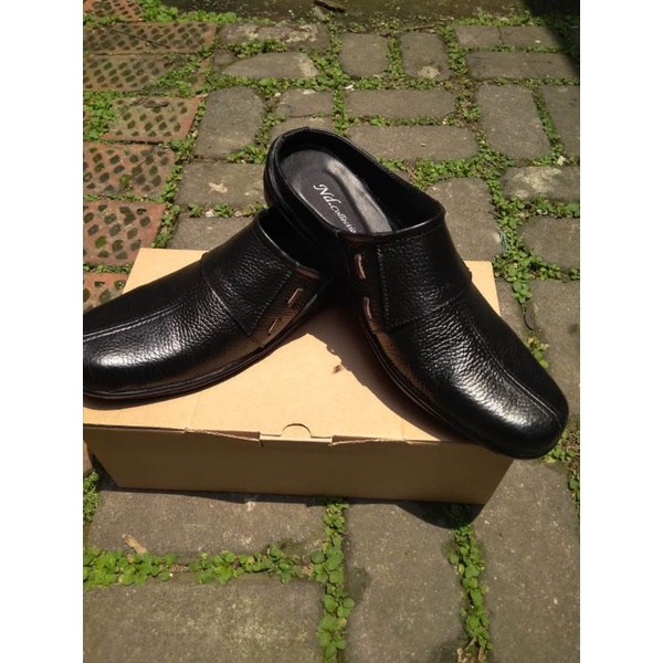 Sepatu sandal slop bustong slip on pria kulit sapi asli berkualitas ND_black