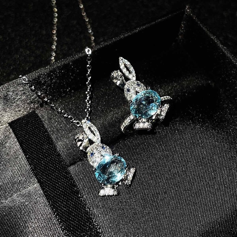 Full Diamond Xiaomengtu Ear Stud and Ring Necklace Set