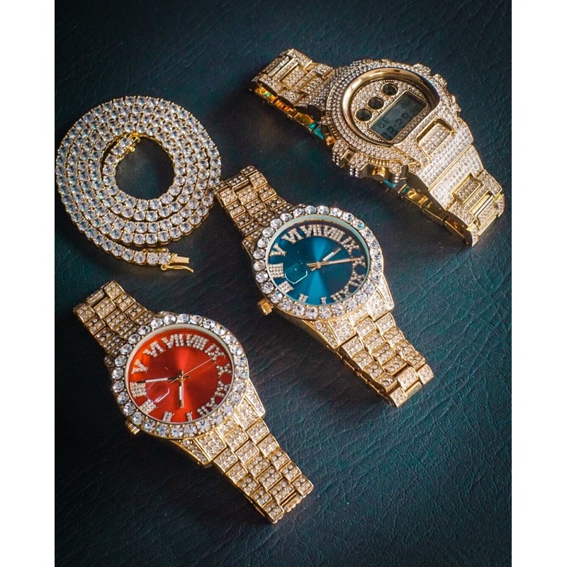 Jam Tangan pria Gold Iced out bling bling bahan stainless steel