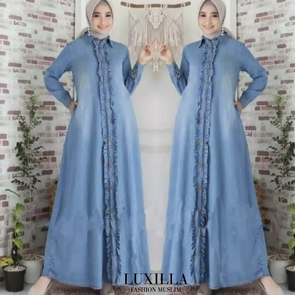 Baju Gamis Dress Jeans Denim Levis Wanita Terbaru 2022 Kekinian Snow Blue Bordir Premium Ld 112 P 14