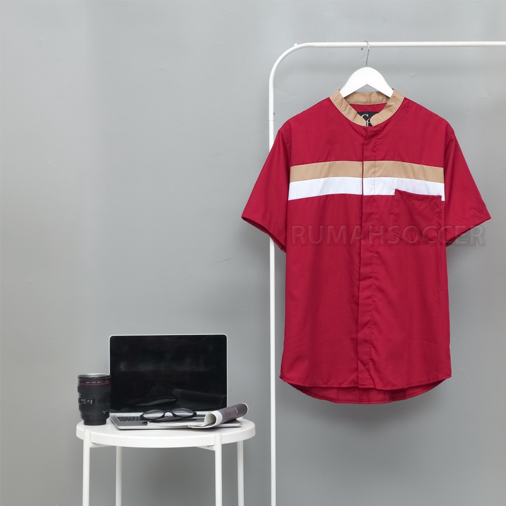 Baju Kemeja Koko Pria Lengan Pendek QAHTAN Maroon Polos Bahan Katun Toyobo Adem Baju Muslim Pria Dewasa Terbaru