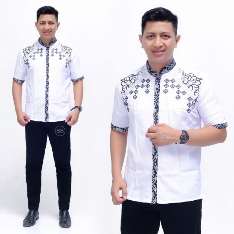 TERBARU Pakain Muslim Pria Koko Batik Pria Kombinasi Bordir Lengan Pendek Perwira Hem Baju Batik Pria Lengan Pendek M L XL XXL