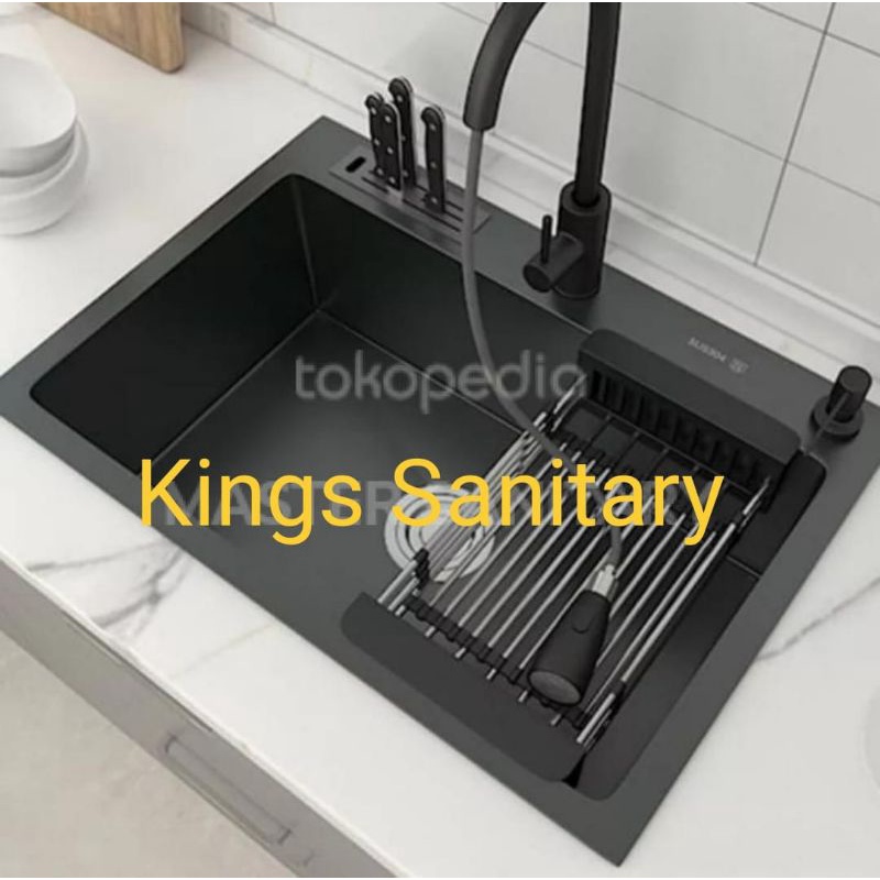 kitchen sink hitam 6045 ori paket kran tarik panas dingin  bak cuci piring isan model bolzano