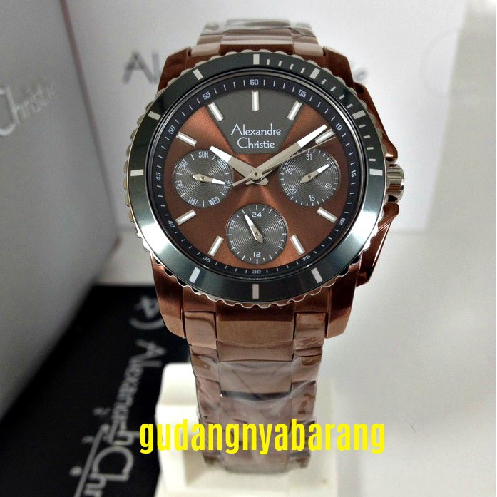 Jam Tangan Wanita Alexandre Christie AC 6455 Stainless Brown Chrono Original