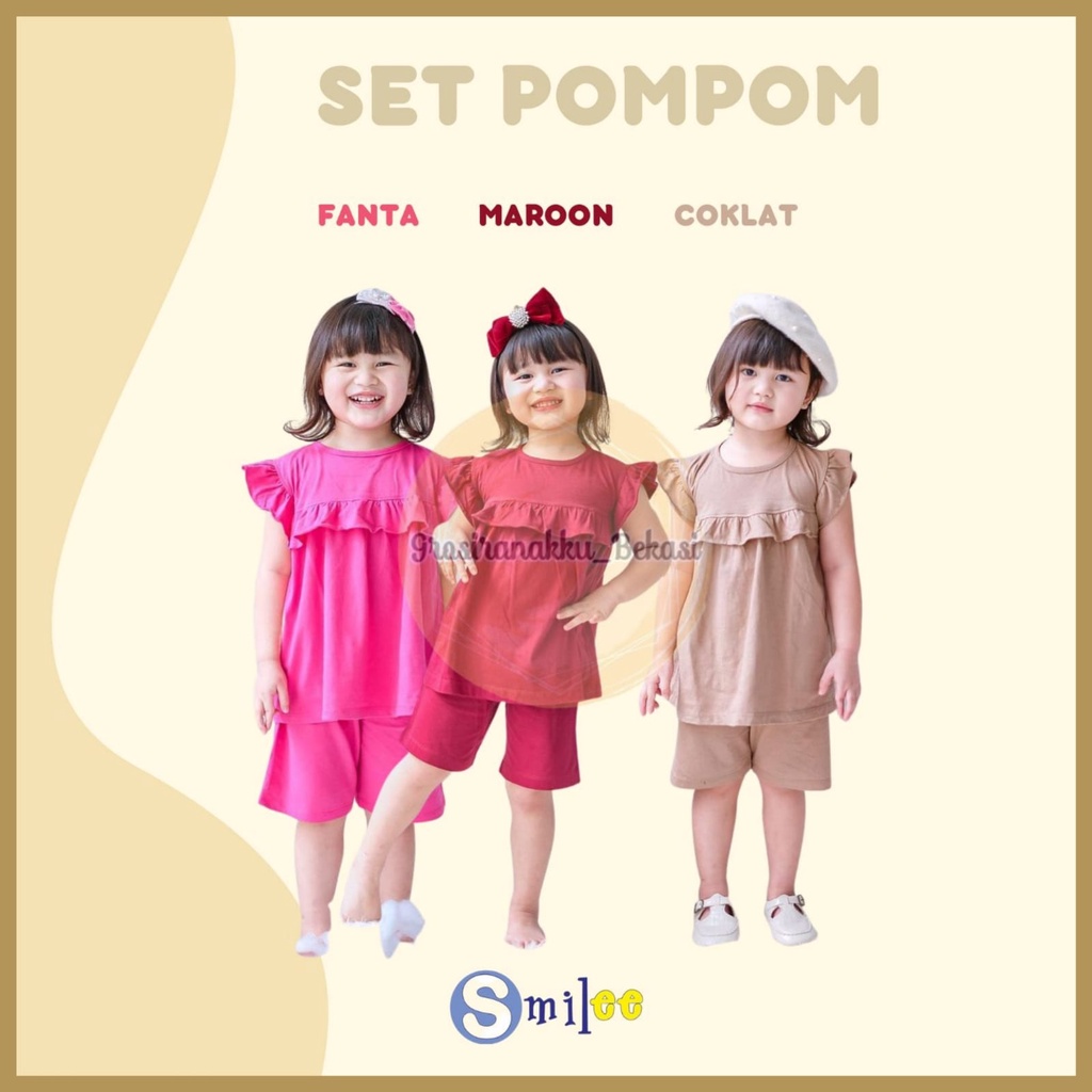 Setelan Anak Kaos Smilee Pompom mix warna size 1-5Th