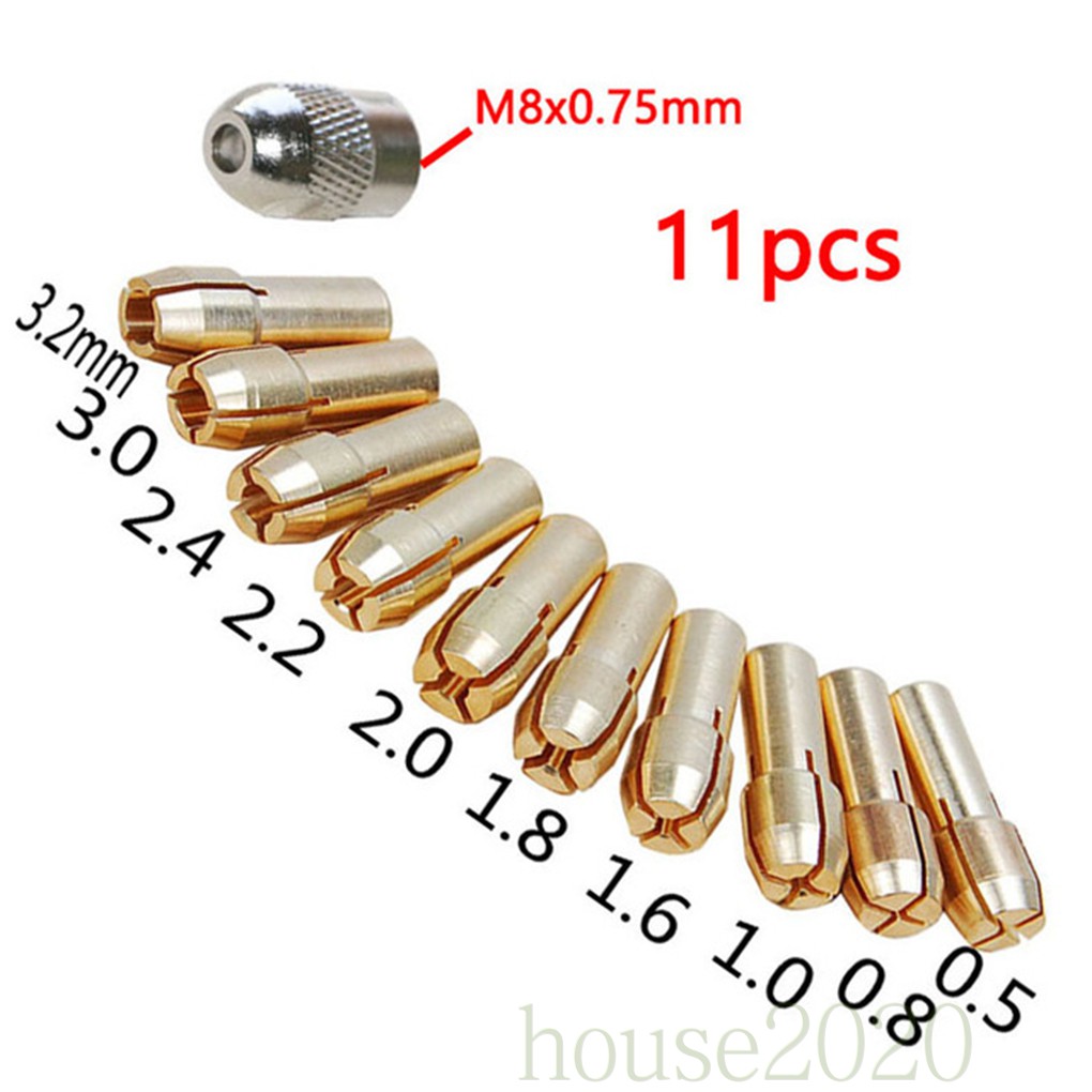 11pcs/set Collet Bits 0.5-3.2mm 4.3mm Shank Screw Nut Pengganti Bahan Kuningan Untuk Alat Rotary Dremel