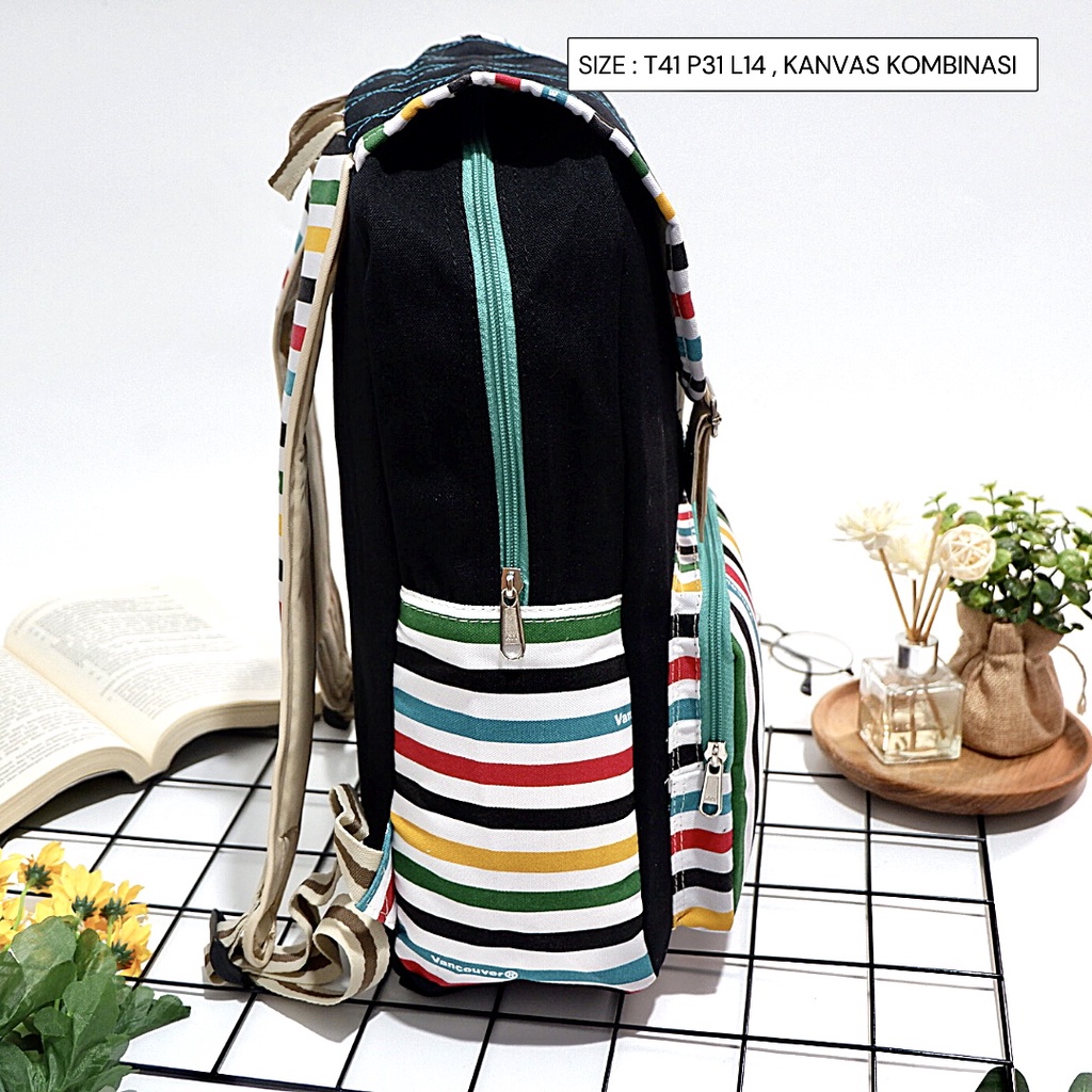 Tas Ransel Sekolah Wanita Kanvas Retro Vintage Hunter (lokal) garis garis - colorfull Kombinasi