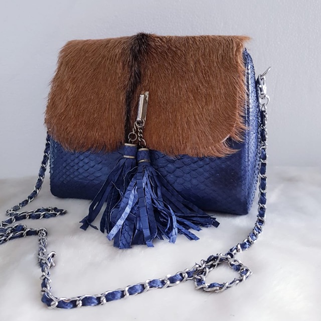 Tas lonceng kulit ular python asli mix bulu kambing asli