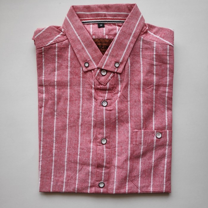 TERBARU KEMEJA PENDEK PRIA COWOK MOTIF SALUR GARIS VERTIKAL BIRU DENIM MURAH - Merah Muda, M