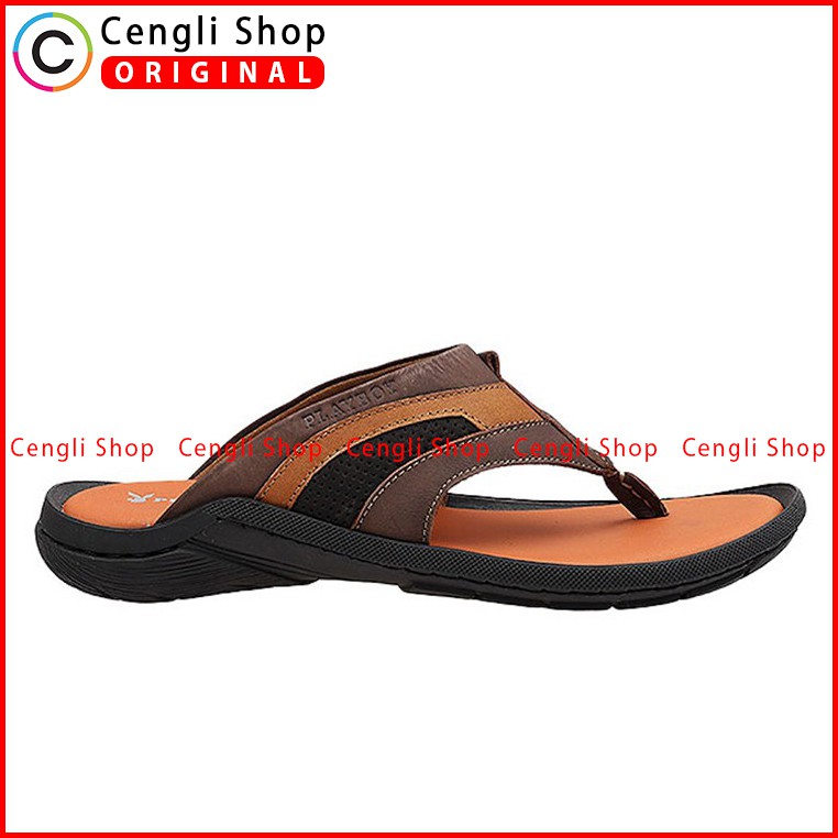 PLAYBOY SANDAL JEPIT KULIT CASUAL PRIA ORIGINAL TERBARU COKLAT PLC7