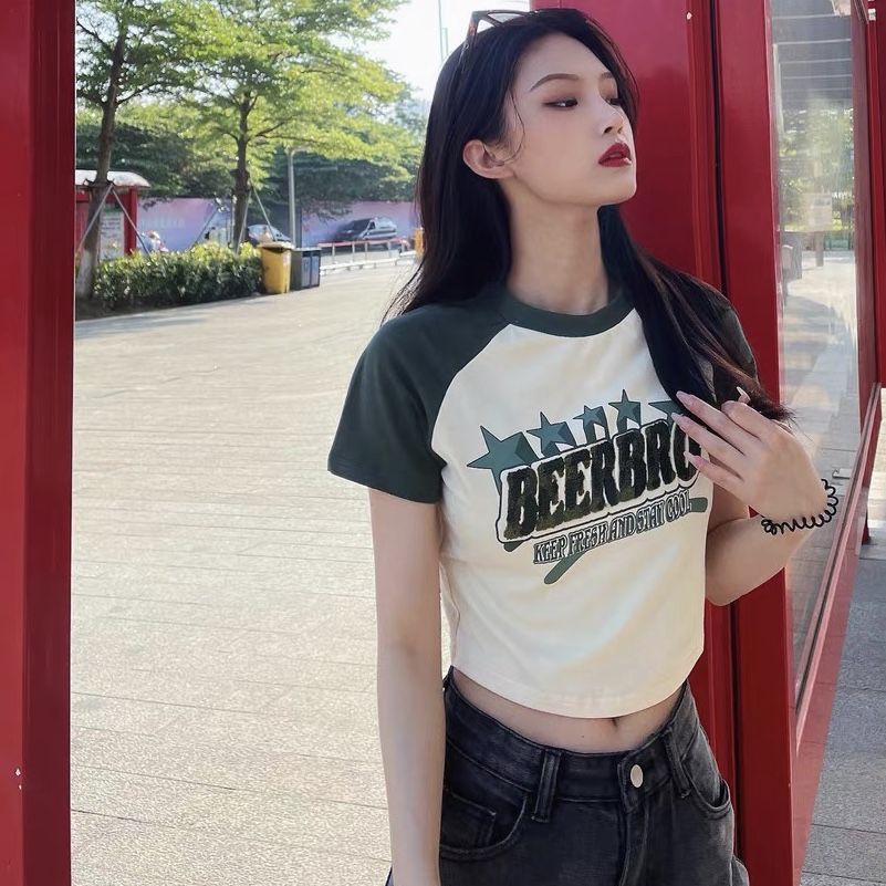 BeerBro American retro hot girl lengan pendek T-shirt wanita Eropa dan Amerika kecil vintage hot gir