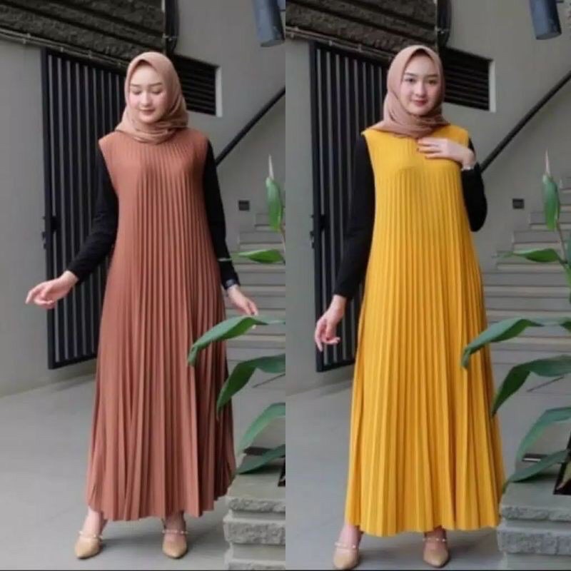 Dress Overal Plisket Mayung long Dres Plisket Longdress plisket Gamis Tanpa Lengan Plisket