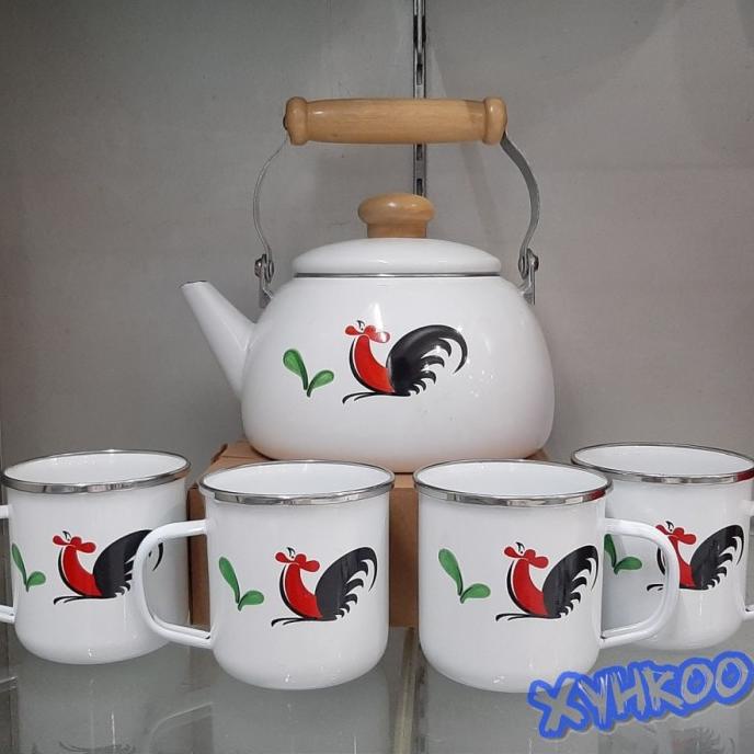 Teko Set Ayam Jago + Cangkir Mug Enamel