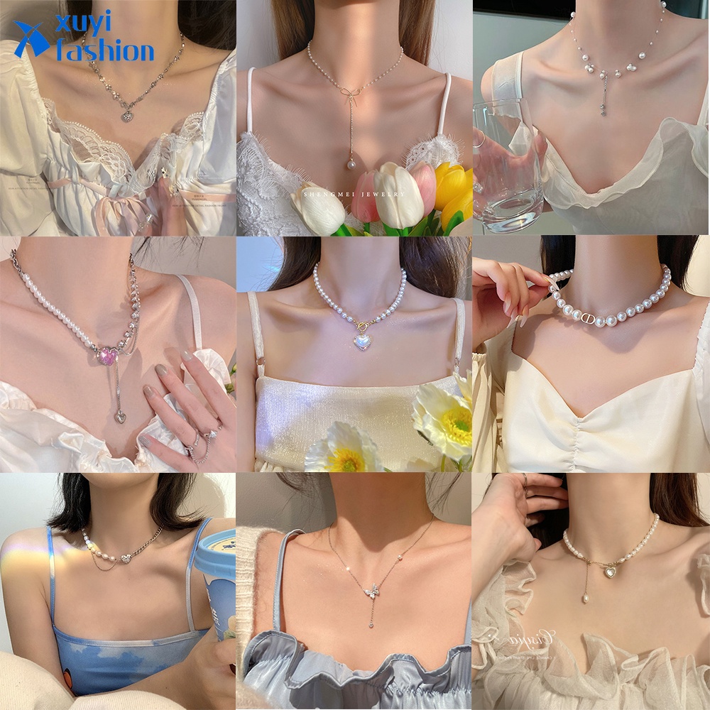 Kalung Rantai Choker Liontin Hati Kupu-Kupu Cherry Aksen Kristal Mutiara Untuk Wanita