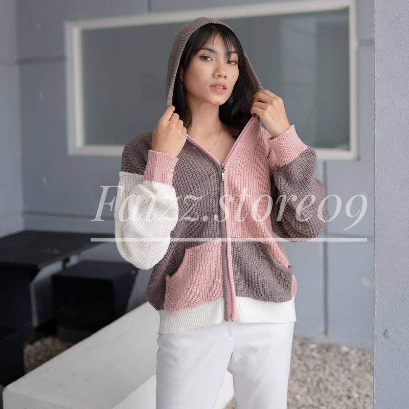 Hoodie TWO-TONE Jaket Rajut OVERSIZE Zipper/Sweater Rajut wanita Hoodie STORE09