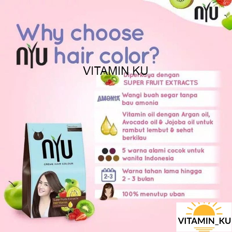 NYU CREME HAIR COLOUR Pewarna Rambut/ Cat Rambut Natural (TANPA AMONIA) Black Brown Blue Bleaching Red Color VITAMINKU