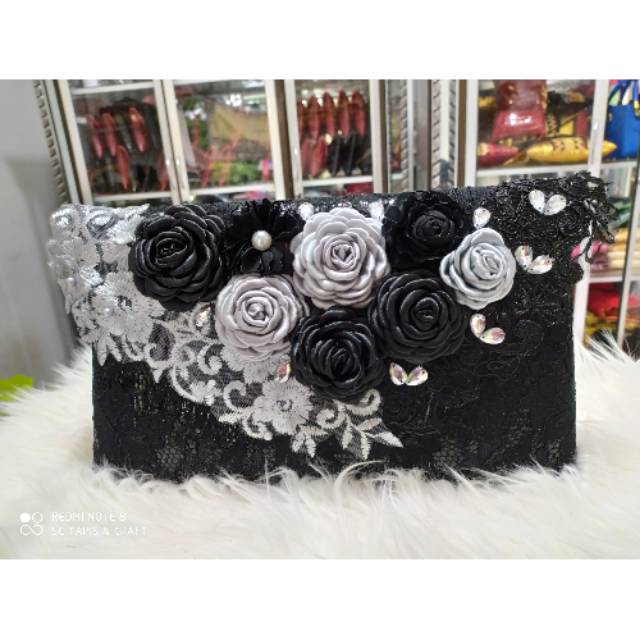 Tas dompet Clutch pesta brokat Hitam silver