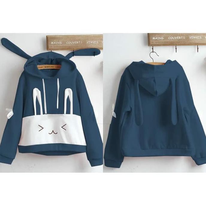 PRODUK TERBARU SWEATER EARS BUNNY HOODIE LUCU APLIKASI KUPING KELINCI 3D - NAVY BAHAN HALUS