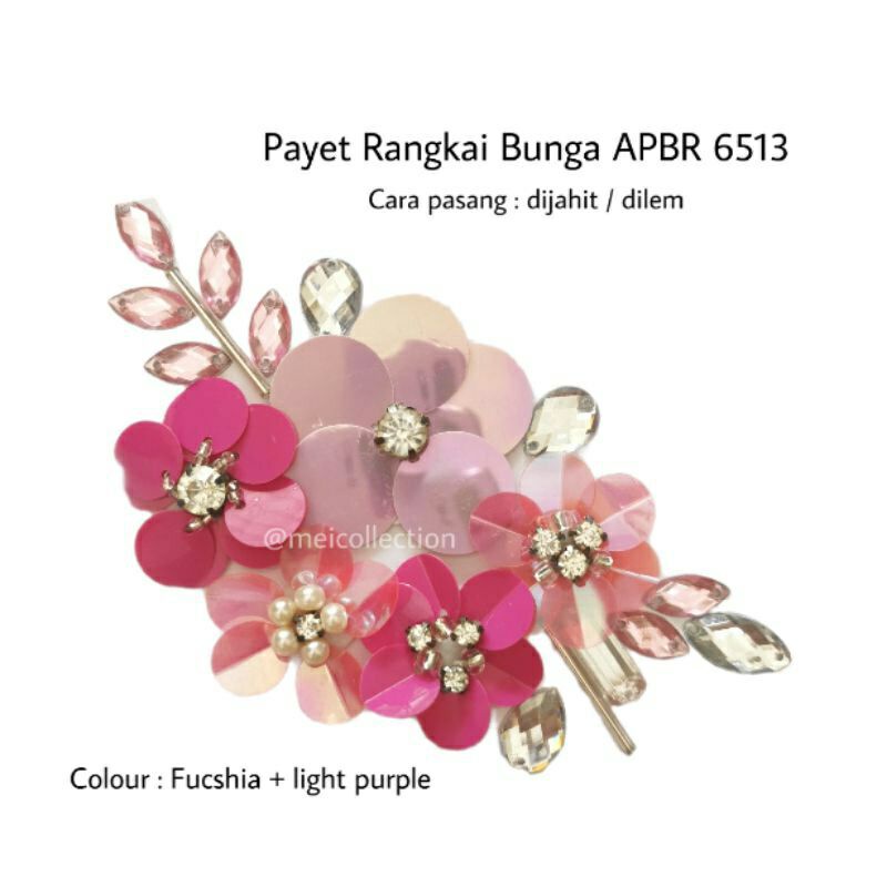 payet bunga 3d rangkai APBR 6513 permata bunga fucshia light purple lilac red aplikasi kebaya dada p