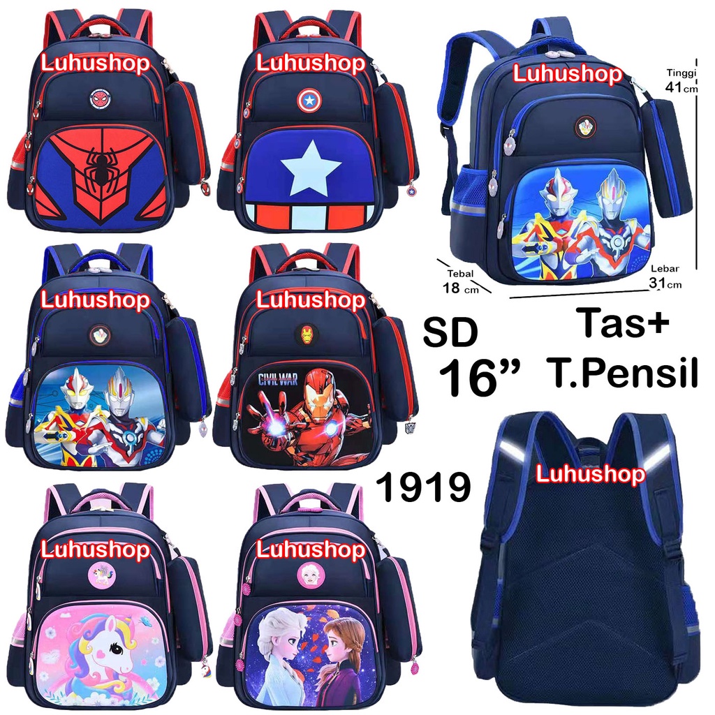 TK SD Tas + Tempat Pensil Tas Ransel Sekolah Anak SD Laki-Laki Dan Perempuan Spidermen Ultraman Captain Unicorn Frosen