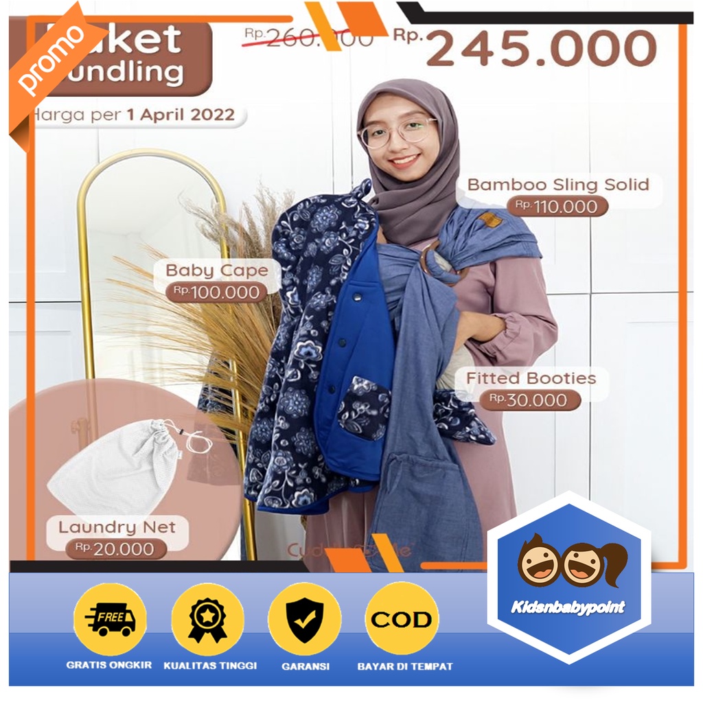 KNB Paket Hemat Paket Bundling Gendongan Ring Sling bamboo + Set Babycape Booties Cuddle Me Bonus laundry net