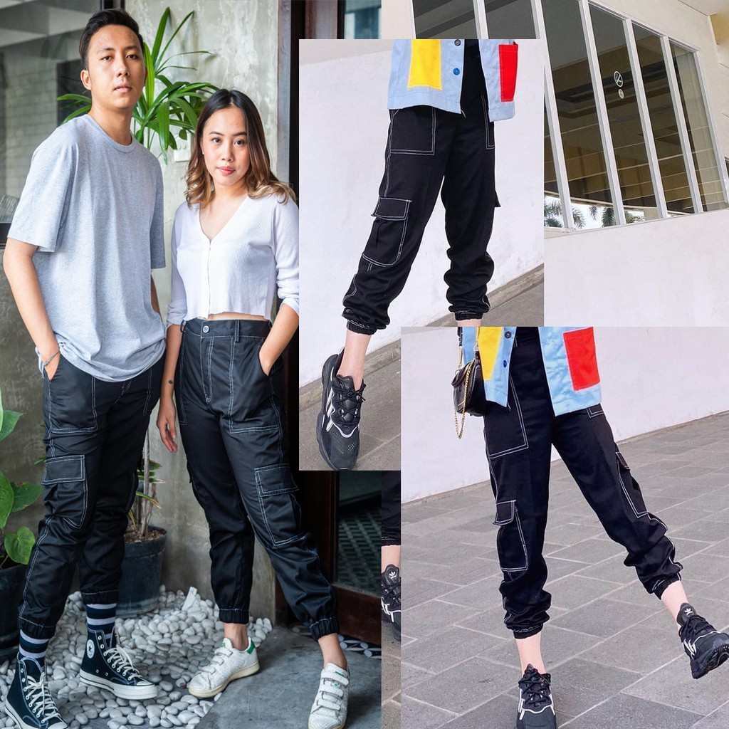 CELANA JOGER LIST BLACK COKSU  KW 1 S-XXXXL | CELANA JOGGER CARGO PRIA WANITA UNISEX CHINO