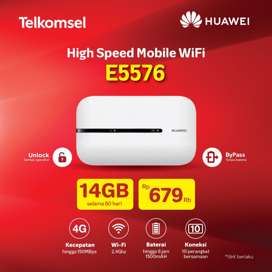 modem/wifi 4g/modem telkomsel/Modem WiFi 4G Telkomsel 14GB Huawei E5576