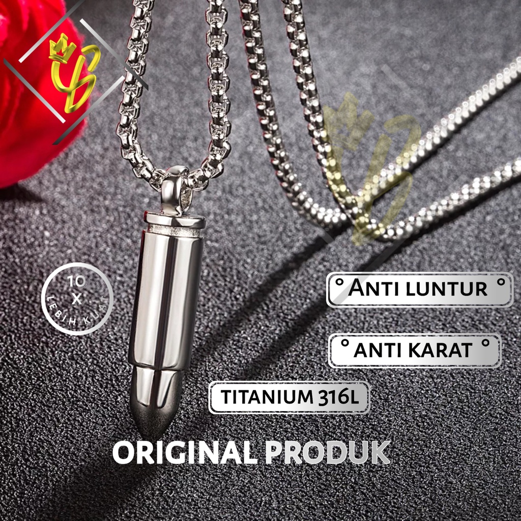 Kalung Pria Titanium Anti Karat Liontin Peluru Rantai Rante Silver Perak Emas Putih Asli Keren
