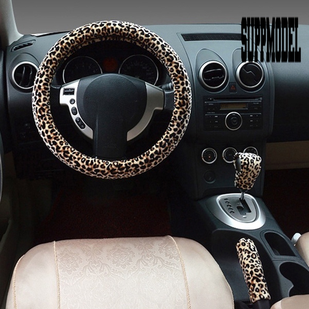 3pcs / Set Cover Stir / Rem Tangan / Persneling Mobil Motif Print Leopard 38cm Untuk Musim Dingin