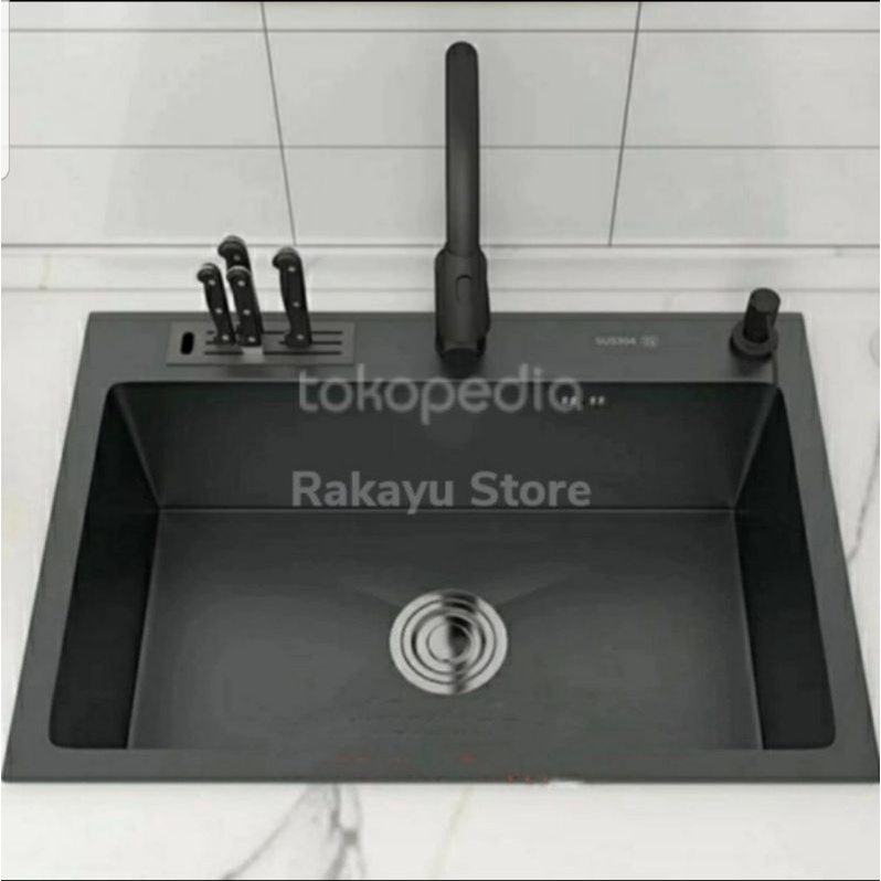 KITCHEN SINK 7545 BLACK SERIES MODEL BOLZANO/BAK CUCI PIRING HITAM 1 LUBANG DENGAN TEMPAT PISAU/KITC