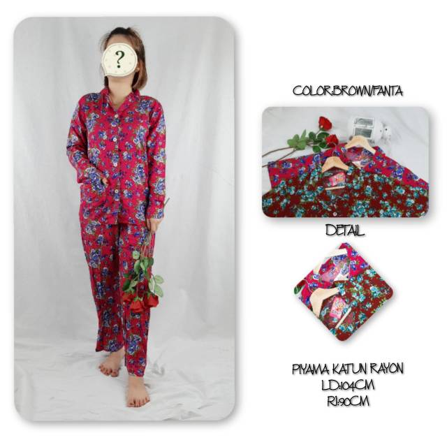 BAJU TIDUR DEWASA PIYAMA MOTIF BUNGA BAHAN RAYON TANGAN PANJANG CELANA PANJANG