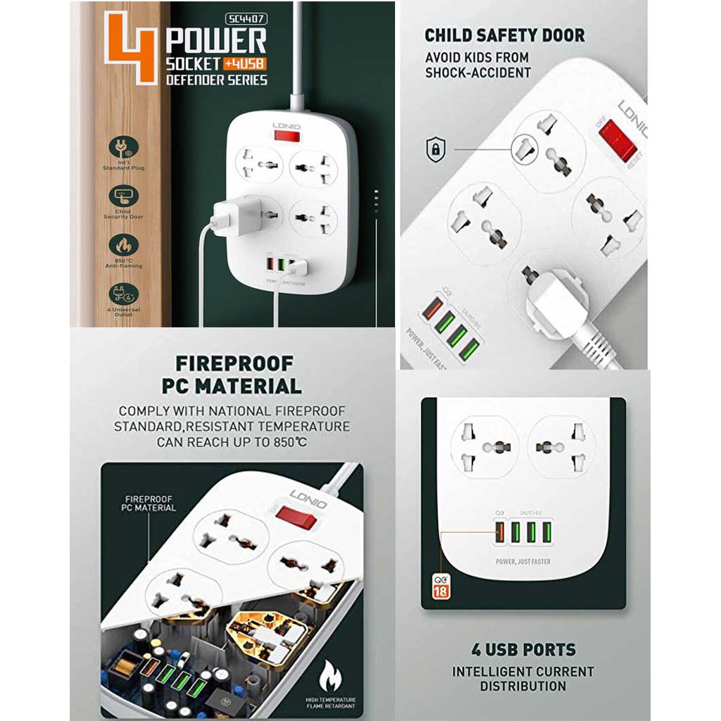 LDNIO Power Strip 4 Sockets + 4USB Port QC 3.0 Fast Charging SC4407